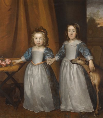 Portrait of Two Young Girls on a Terrace with Two Hounds and a Landscape Beyond by Cornelius I Johnson